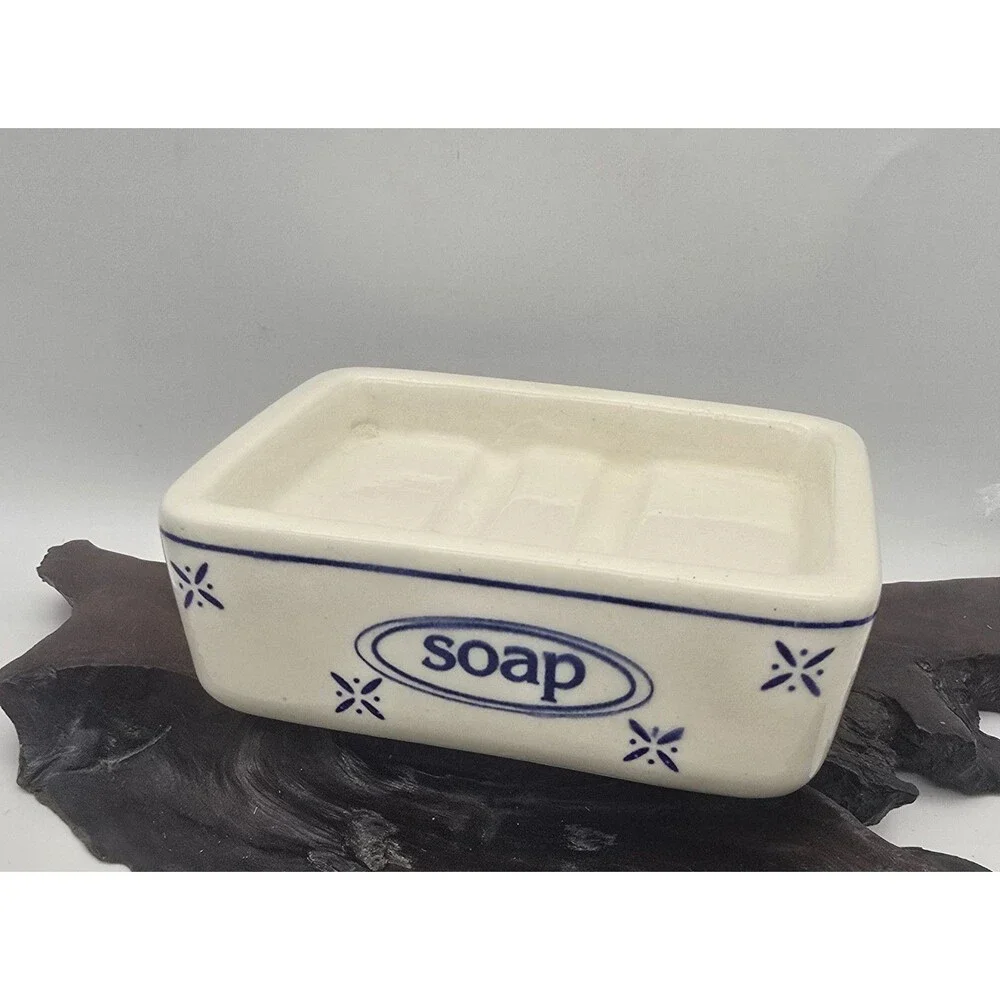Vintage Blue & White Chunky Ceramic Soap Dish ~ Farmhouse Cottage